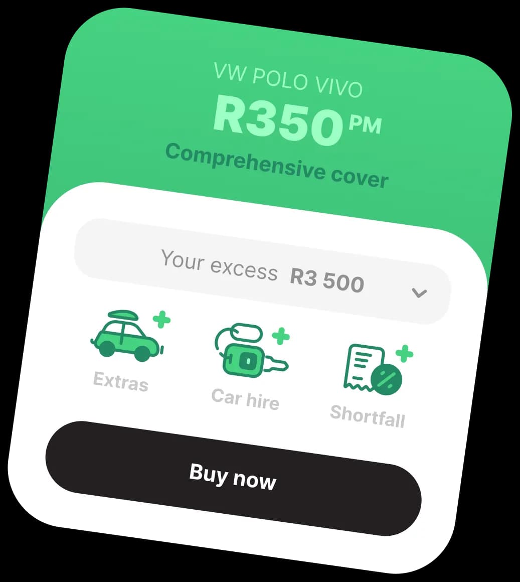 Illustration of the Naked app showing a car insurance quote for a VW Polo Vivo at R350 per month