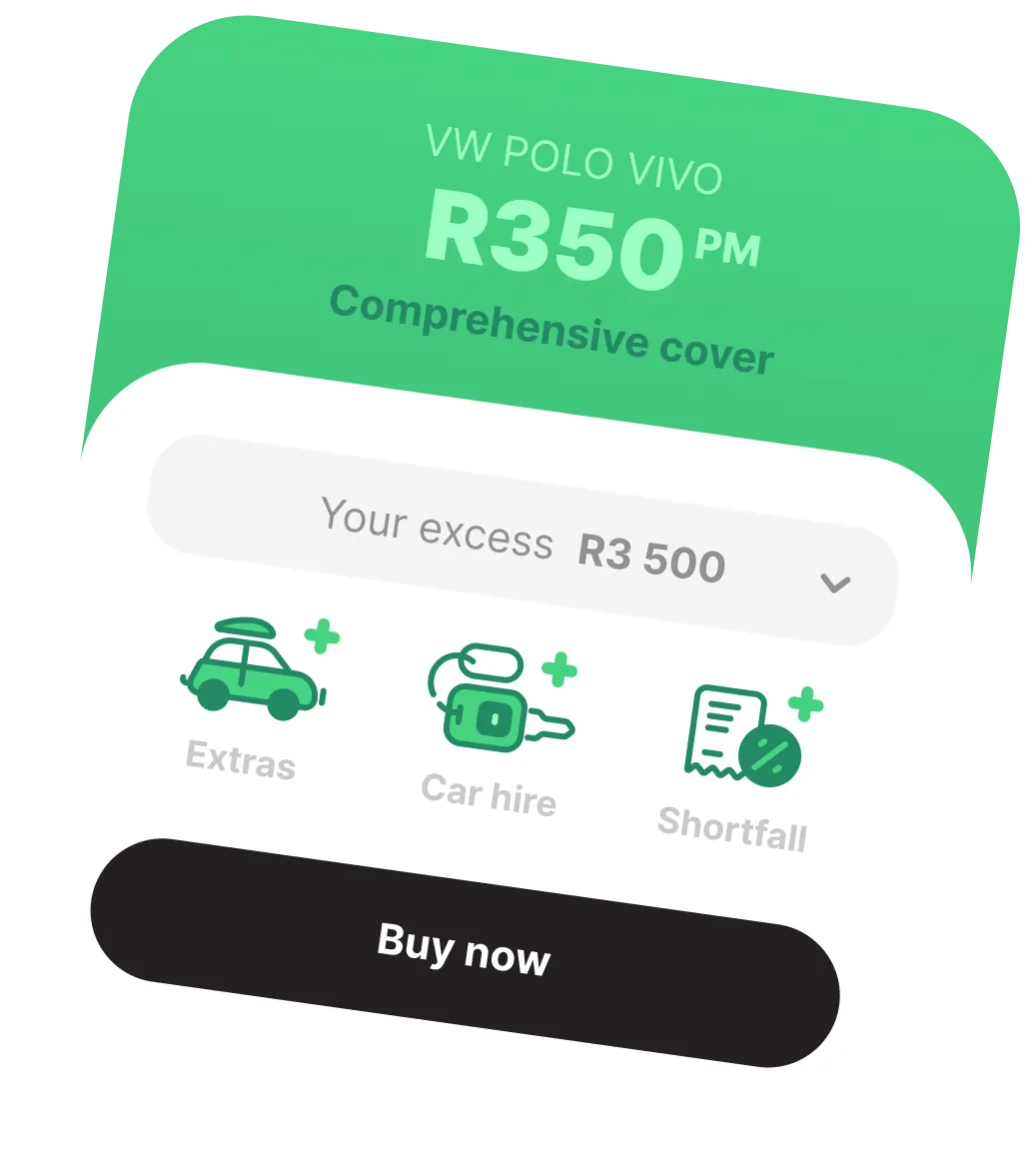 Illustration of the Naked app showing a car insurance quote for a VW Polo Vivo at R350 per month